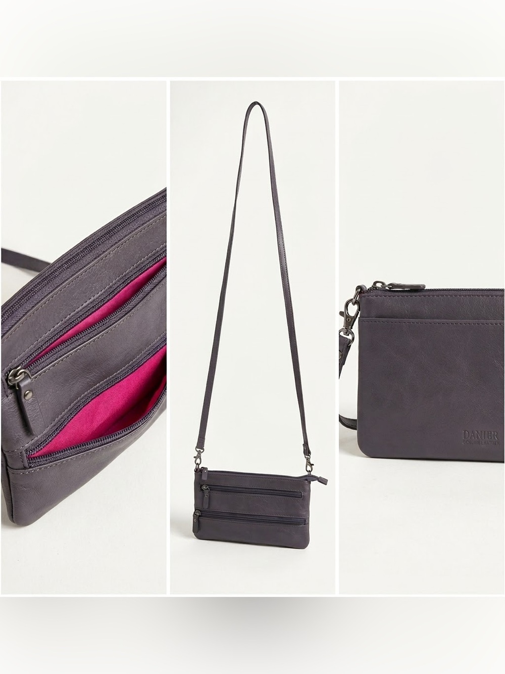 DANIER NEW Leather 3 Zip Crossbody Shoulder Bag Gray Silver Wallet PinkOrganizer